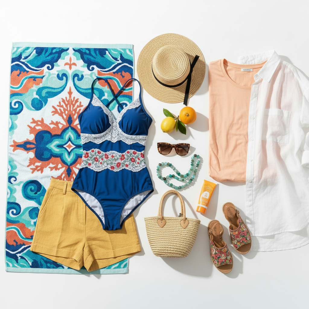 Summer Box femminile con telo da mare, costume, pantaloncino, camicia e t-shirt in stile italiano